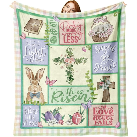 Christian Easter Cross Bunny Flannel Blanket, Religious He is Risen Rabbit Bible Quote Throw Blanket Gifts for Kids Men Women, Spring Easter Eggs Lamb Soft Blanket for Bedding Sofa 50 x 60 Inch