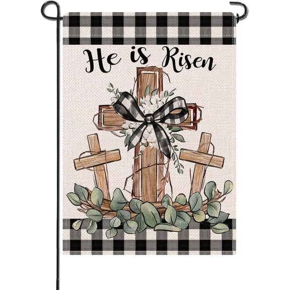 Christian Easter Cross Small Decorative Garden Flag, Religious He is Risen Buffalo Plaid Check Yard Lawn Outside Decor, Spring Farmhouse Burlap Outdoor Home Decoration Double Sided 12 x 18