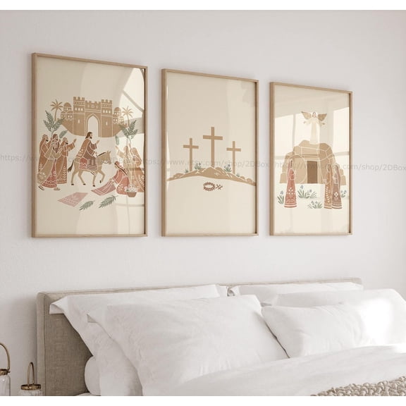 Christian Easter Decor Jesus Resurrection Art Easter Story illustrations Lent Art Set 3 Stretched Canvas 12x18