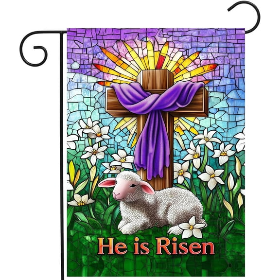 Christian Easter Garden Flag He is Risen Yard Flag Religious Easter Lamb Decor Stained Glass Cross Flag for Outside 12x18 Double Sided Lily Spring Outdoor Flag Small