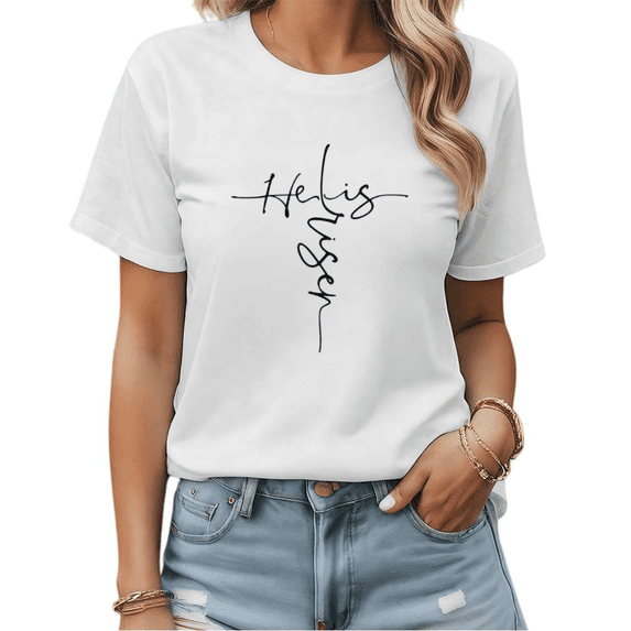 Christian Easter He Is Risen Handwritten Cross Graphic Tees Womans T shirt Shirts Black White S-5XL Tops