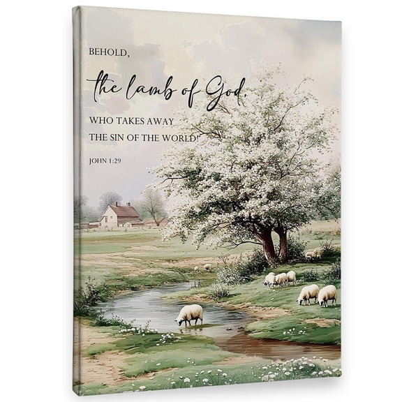 Christian Easter The Lamb Of God Wall-Art Decor Canvas, Spring Bible Verse Scripture Pictures Wall Decor For Church Prayer Room Living Room Home, Rustic Landscape Artwork For Walls