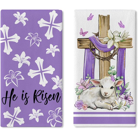 Christian Easter Purple Kitchen Dish Towels Set of 2, Religious He is Risen Cross Lamb Drying Hand Towels Baking Cooking Cloth, Spring Lily Flower Home Kitchen Decoration 18 x 26 Inch