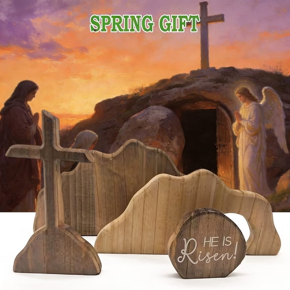Christian Easter He is Risen Decor, Empty Tomb Cross Easter Decoration for Home, Easter Wooden Resurrection Scene Set Table Mantel Office Kitchen Decor Gift (Brown-4pcs)