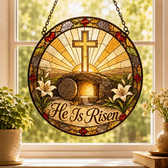 Christian Easter Stained Glass Suncatcher Window Hanging He Is Risen Gift