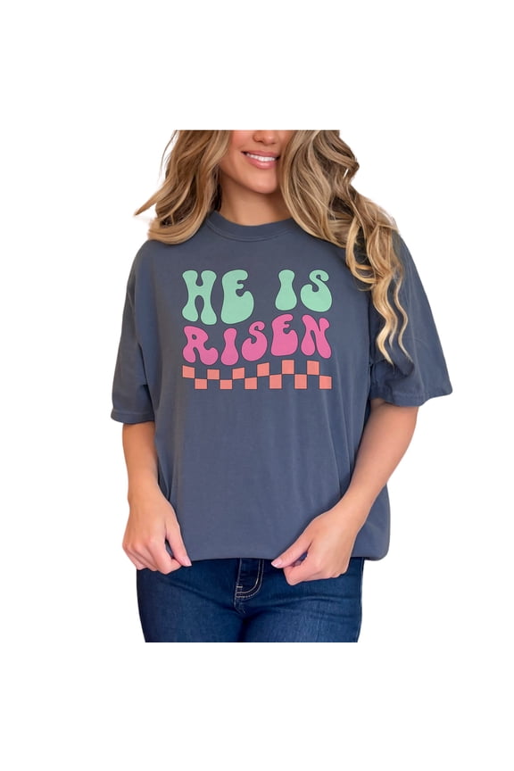 Christian Easter T-Shirt, He Is Risen Shirt, Cute Pastel Jesus Shirt, Religious Graphic Tee, Faith Based Apparel, Spiritual Clothing, Denim Comfort Colors T-Shirt, Small