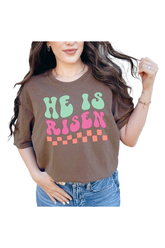 Christian Easter T-Shirt, He Is Risen Shirt, Cute Pastel Jesus Shirt, Religious Graphic Tee, Faith Based Apparel, Spiritual Clothing, Espresso Comfort Colors T-Shirt, Medium