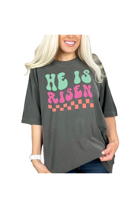 Christian Easter T-Shirt, He Is Risen Shirt, Cute Pastel Jesus Shirt, Religious Graphic Tee, Faith Based Apparel, Spiritual Clothing, Pepper Comfort Colors T-Shirt, Large