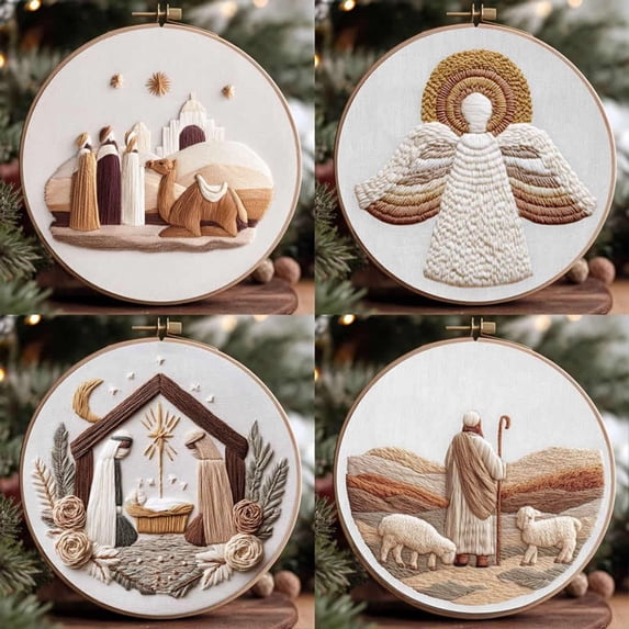 Christian Embroidery Kit Adults Set, Nativity Scene Embroidery Hoop Art Set, Religious Christmas, White Cloth Angel & Manger 4-Piece Collection, Needlepoint Cross Stitch