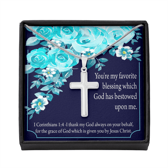 Christian Encouragement Thinking Of You 1 Corinthians 1:4 Cross Card Necklace w Stainless Steel Pendant