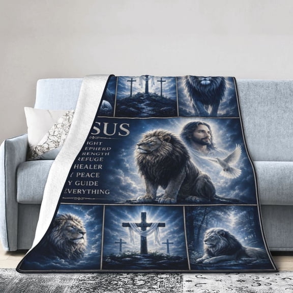 Christian Faith Blanket Gift Throw Blanket Jesus Lion Cross Blue Inspirational Gift for Men Women 50x40