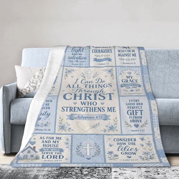 Christian Faith Blue Patchwork Blanket Gift Throw Blanket Inspirational Cross Gift for Women Home Decor 60x50