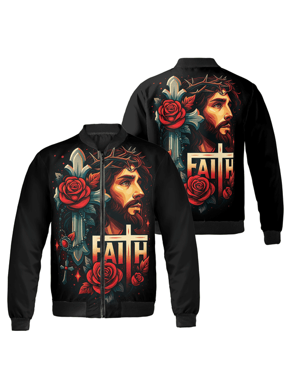 Christian Faith Bomber Jacket – Jesus Christ Cross & Rose Graphic, Zip Up Black Religious Jacket