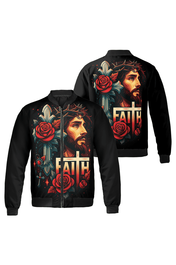 Christian Faith Bomber Jacket – Jesus Christ Cross & Rose Graphic, Zip Up Black Religious Jacket