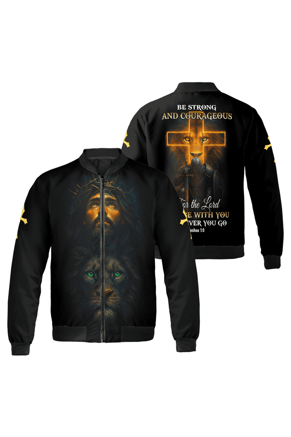 Christian Faith Bomber Jacket – Jesus Christ & Lion Cross Graphic, Bible Verse “Be Strong and Courageous” Black Jacket