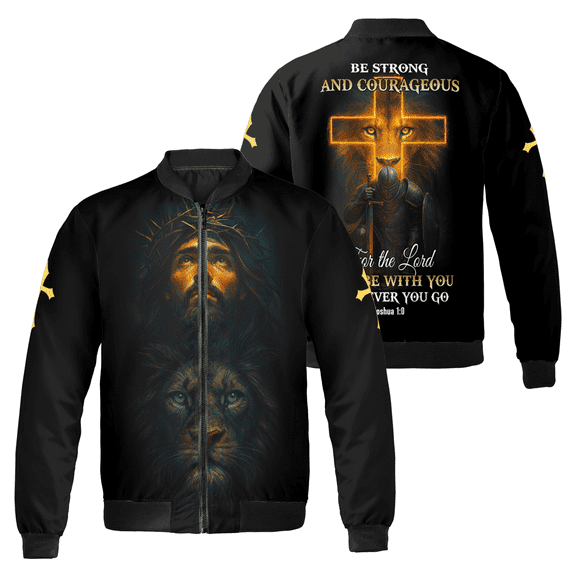 Christian Faith Bomber Jacket – Jesus Christ and Lion Cross Graphic, Bible Verse “Be Strong and Courageous” Black Jacket