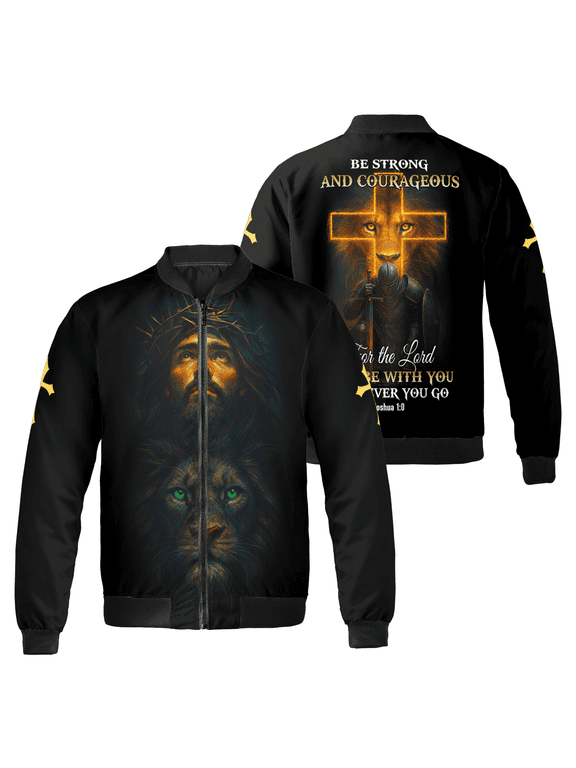 Christian Faith Bomber Jacket – Jesus Christ and Lion Cross Graphic, Bible Verse “Be Strong and Courageous” Black Jacket