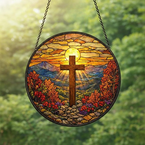Christian Faith Cross Glass Suncatcher v14, Mountain Nature Window Art, Religious, 3.5 in