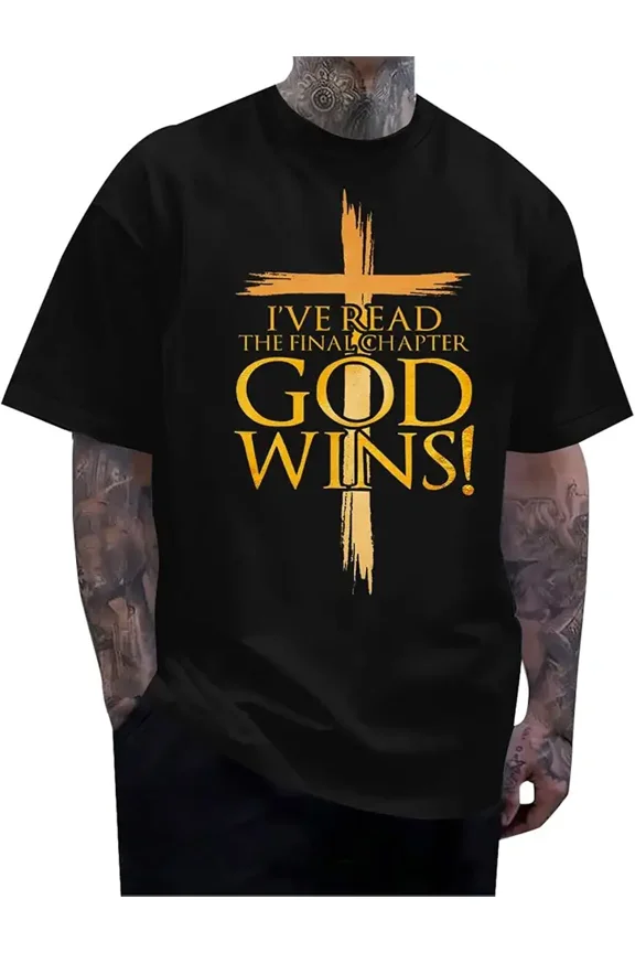Christian Faith Cross Graphic T-Shirt - I've Read The Final Chapter God Wins Inspirational Religious Tee for Men and Women - Retro Spiritual Gospel Apparel
