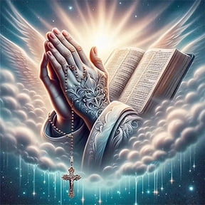 Christian Faith Diamond Art Painting, Praying Hands with Holy Bible & Cross Rosary, Angel Wings Heavenly Sky Pattern, Full Drill Handmade Embroidery Decoration Gift