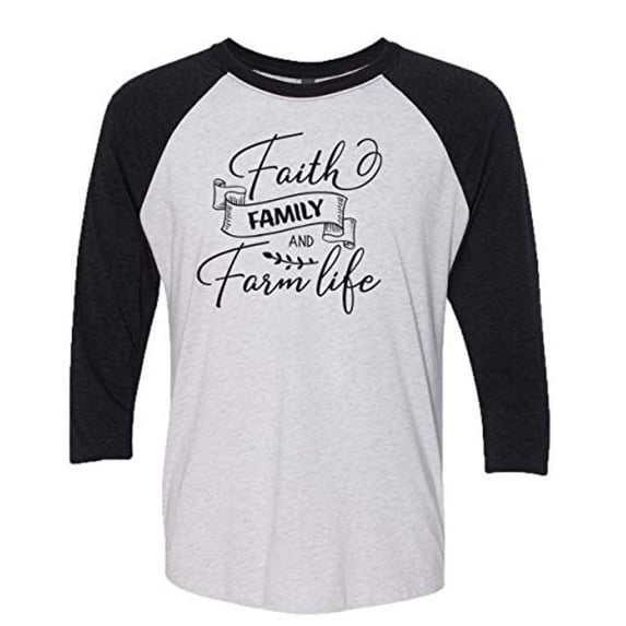 Christian Faith Family and Farm Life Ladies Baseball Tee-Black/Heather White-Medium