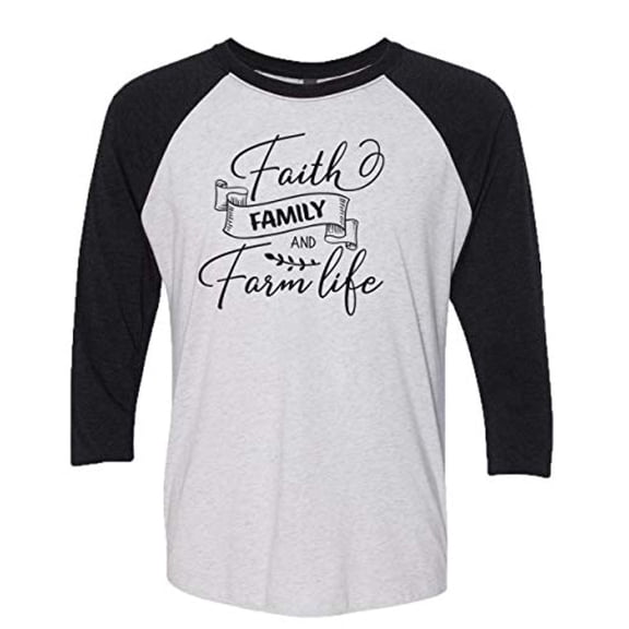 Christian Faith Family and Farm Life Ladies Baseball Tee-Black/Heather White-Small