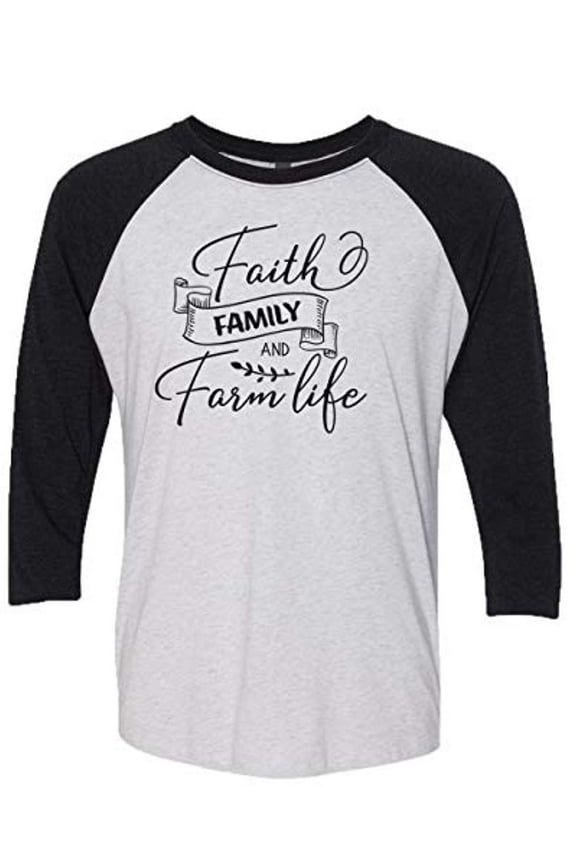 Christian Faith Family and Farm Life Ladies Baseball Tee-Black/Heather White-Small
