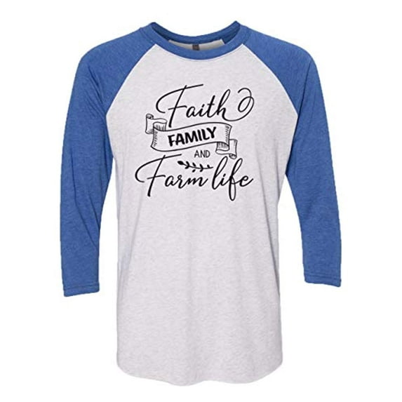 Christian Faith Family and Farm Life Ladies Baseball Tee-Royal/Heather White-Large