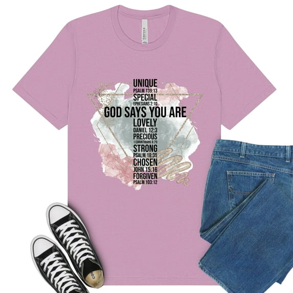 Christian Faith Graphic Premium T-Shirt – God Says You Are Bible Verse Tee for Women, Lilac, S