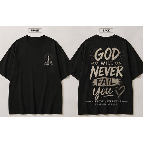 Christian Faith Graphic T-Shirt for Men & Women, God Will Never Fail You Bible Verse Vintage Washed Religious Tee