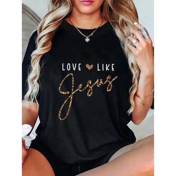 Christian Faith Graphic Tee Love Like Jesus Design Leopard Heart Believer Comfort Cotton T-Shirt Black S-5XL