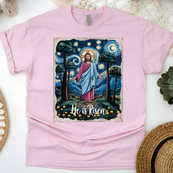 Christian Faith He Is Risen Art Style Jesus T-Shirt for Men and Women, Light Pink, Size M