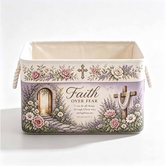 Christian Faith Inspirational Storage Basket, Spacious Foldable Fabric Organizer with Rope Handles 3 Scripture Designs for Books, Bibles, Blankets, Home Living Room Decor，Purple