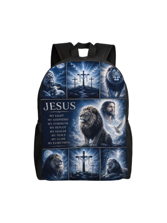 Christian Faith Jesus Lion Cross Backpack Full Front Print Travel Laptop Bag for Men and Women