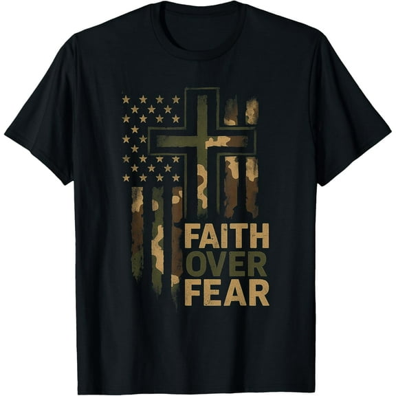 Christian Faith Over Fear Camo US Flag Patriot Men Women T-Shirt Tee