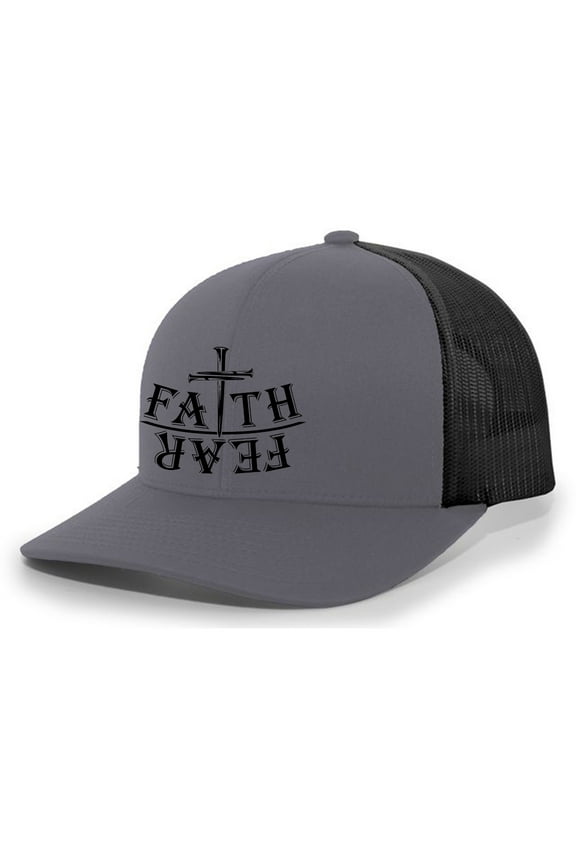 Christian Faith Over Fear Nail Cross Jesus Mens Mesh Back Trucker Hat Baseball Cap, Charcoal/Black