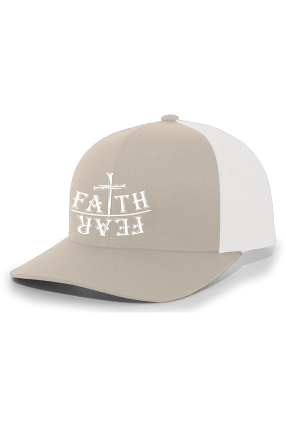 Christian Faith Over Fear Nail Cross Jesus Mens Mesh Back Trucker Hat Baseball Cap, Charcoal/White