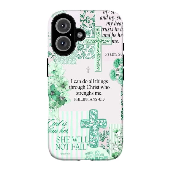 Christian Faith Phone Case, Green Bible Verse Philippians 4:13 Floral Cross Collage Cover for iPhone 17 16 15 14 13 12 11 Plus Pro Max Mini