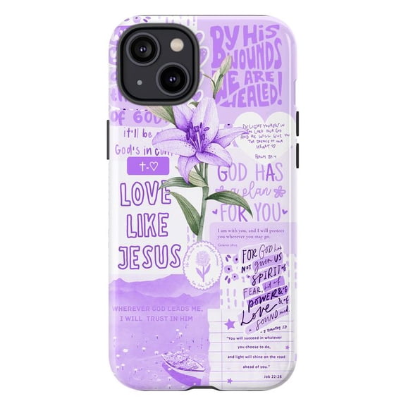 Christian Faith Phone Case for iPhone 17 16 15 14 13 12 11 Pro Plus Mini, Love Like Jesus Collage Cover, Religious Lily Bible Verse (Purple)