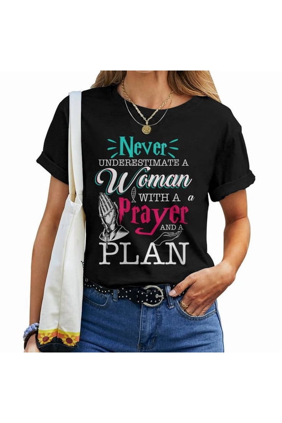 Christian Faith Prayer Plan Graphic Cotton T-Shirt Women Adult Soft Breathable Tee Casual Wear Comfortable Everyday Outfit, Size S, Color Black