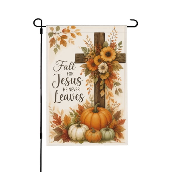 Christian Fall Garden Flag With Pumpkin Cross Decor For Yard 12x18 in