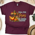 thumbnail image 1 of Christian Fall for Jesus He Never Leaves Cross and Pumpkin T-Shirt, Maroon, Size 2XL, 1 of 6