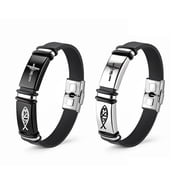 Christian Fish Jesus Bracelet for Men Women,Stainless Steel Silicone Ichthys Catholic Christ Lords Guidance Wristband 2 Tone Ichthus Bracelets Amulet Gift Adjustable Faith Jewelry