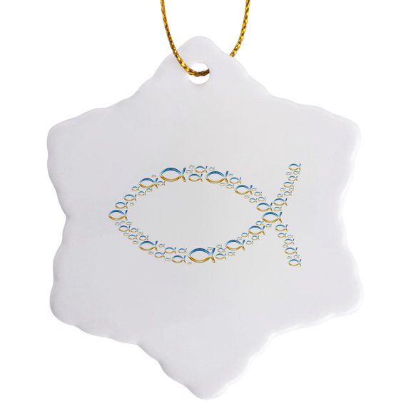 3drose, Christian Fish Symbol (unique Pattern – Chrome), 3 inch Snowflake Porcelain Ornament