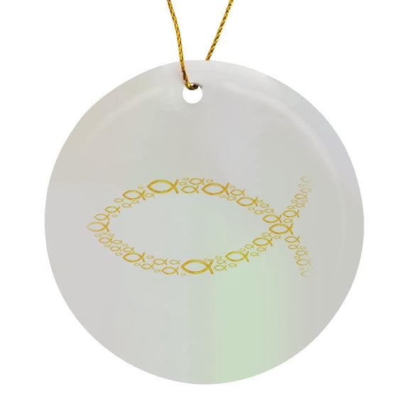 3drose, Christian Fish Symbol (unique Pattern - Gold), Circle Porcelain Ornament