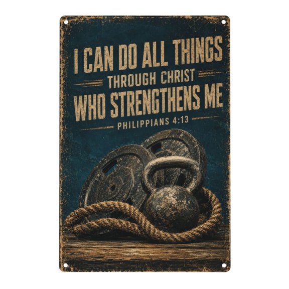 Christian Fitness Metal Sign 8x12", Home Gym Wall Decor Faith-inspired fitness art with kettlebells adds strong character to home gyms, workout rooms or Christian wall decor.