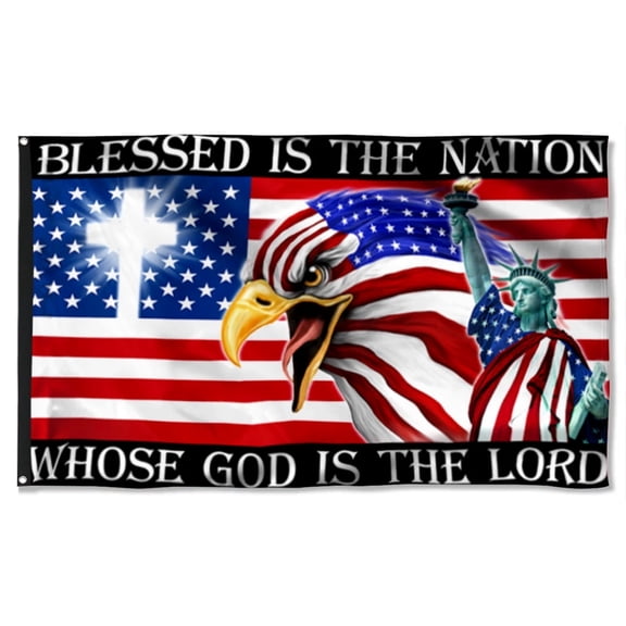 Christian Flag 3x5Feet God Eagle American Flag Blessed Is The Nation Whose God Is The Lord Grommet Flag Banner with 2 Brass Grommets