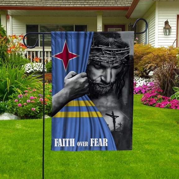 Christian Flags,Faith Over Fear Flag Christian Aruban Aruba With Jesus for Outside Garden Flag, Double-Sided Decorative Outdoor Flag, Patriotic Polyester Yard Flag 12 x 18 in