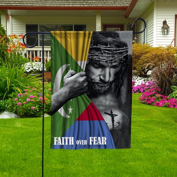 Christian Flags,Faith Over Fear Flag Christian Comoran Comoros With Jesus for Outside Garden Flag (11.5x17.5) Double Sided-USA Flags Premium Polyester-Decorative Indoor Outdoor Flag