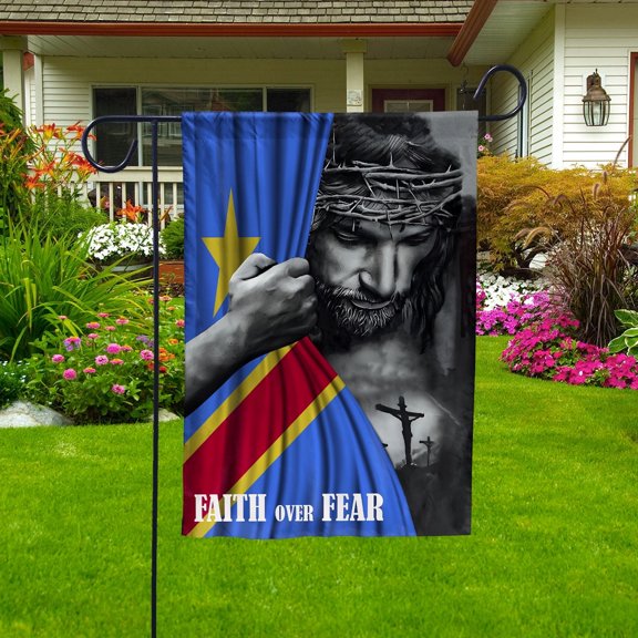 Christian Flags,Faith Over Fear Flag Christian Congolese Democratic Republic Of The Congo Flag Garden Flag, Double-Sided Decorative Outdoor Flag, Patriotic Polyester Yard Flag 11.5 x 17.5 in